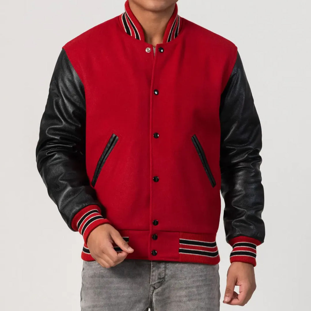 Scarlet Red Body Varsity Jacket with Black Sleeves and Feathered Knit Trim