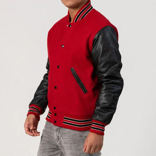 Scarlet Red Body Varsity Jacket with Black Sleeves and Feathered Knit Trim