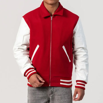 Scarlet Wool Varsity Jacket with White Leather Sleeves and Byron Collar