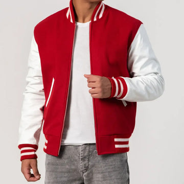 Scarlet Wool Varsity Jacket with White Leather Sleeves and Zipper