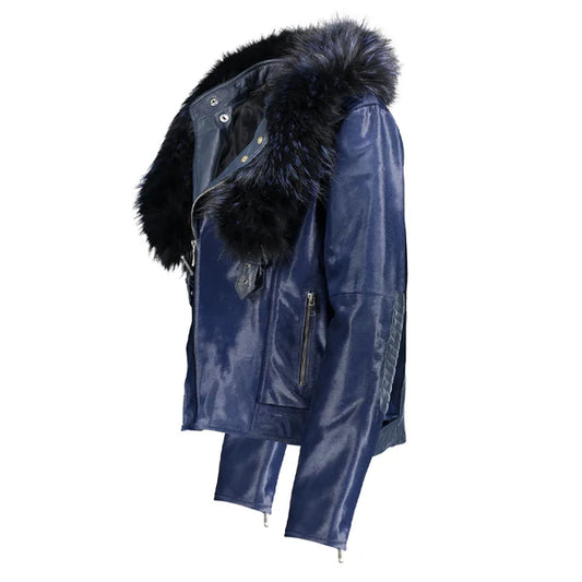 Women's Tara Calf Faux Shearling Blue Fur Leather Jacket-Women Shearling Jacket-Premium Leather Store