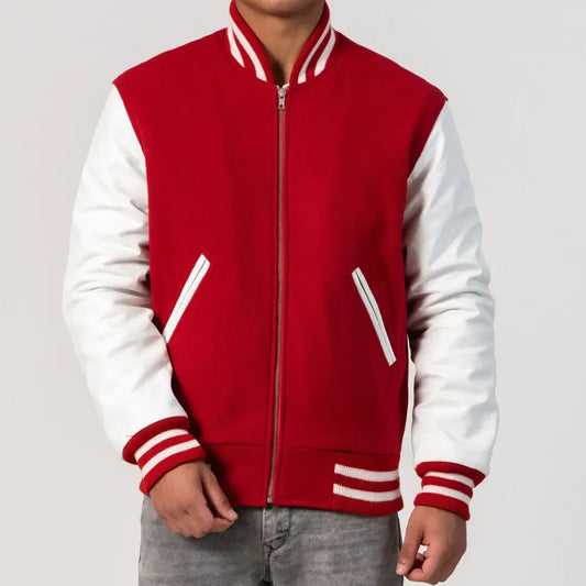 Scarlet Wool Varsity Jacket with White Leather Sleeves and Zipper