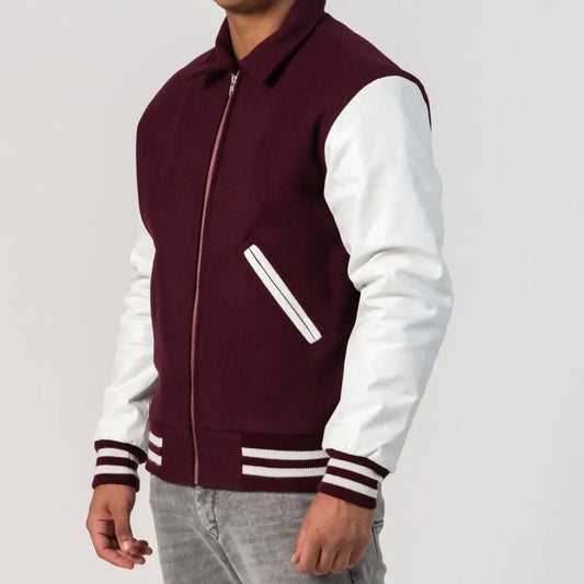 Maroon Body Varsity Jacket with White Sleeves, Byron Collar, and Zipper