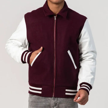 Maroon Body Varsity Jacket with White Sleeves, Byron Collar, and Zipper