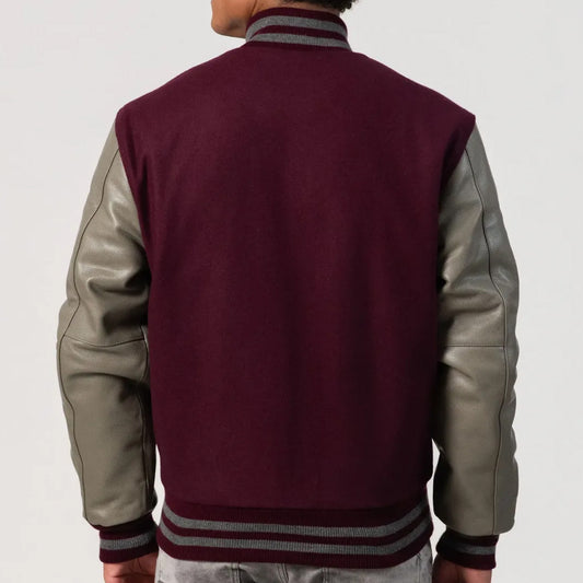 Maroon Body Varsity Jacket with Grey Leather Sleeves