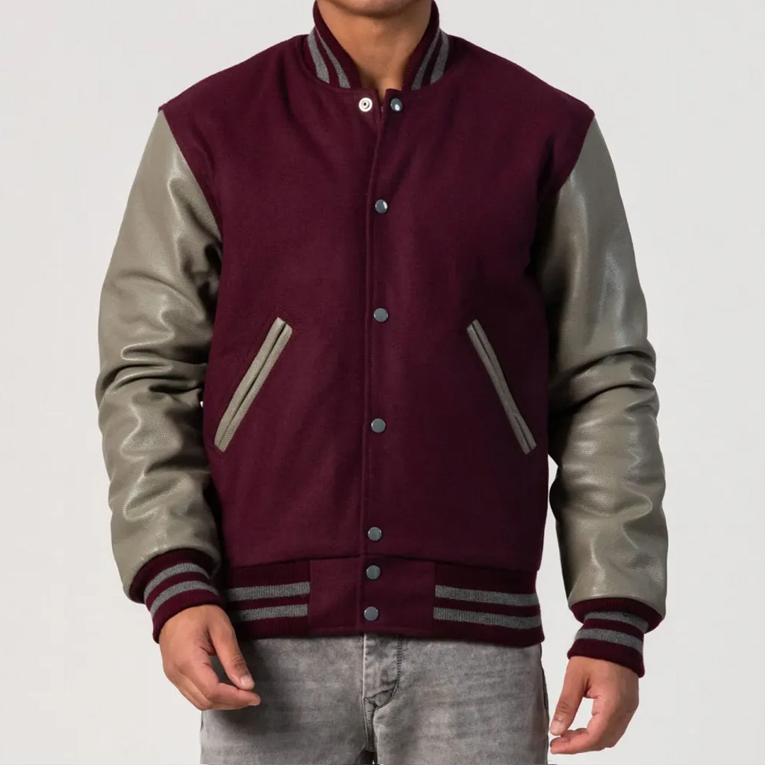 Maroon Body Varsity Jacket with Grey Leather Sleeves