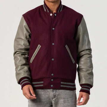 Maroon Body Varsity Jacket with Grey Leather Sleeves