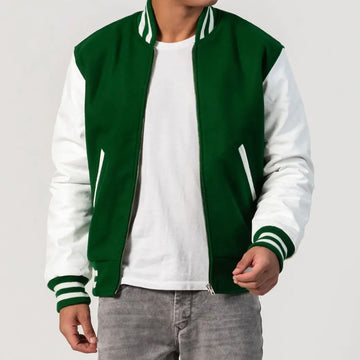 Kelly Green Wool Varsity Jacket with White Leather Sleeves and Zipper