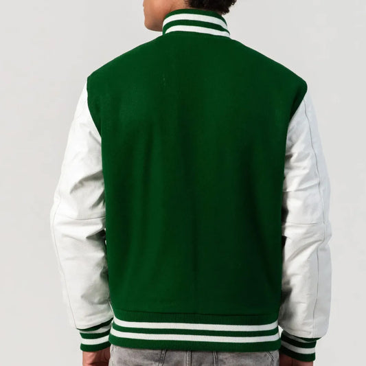 Kelly Green Wool Varsity Jacket with White Leather Sleeves and Zipper