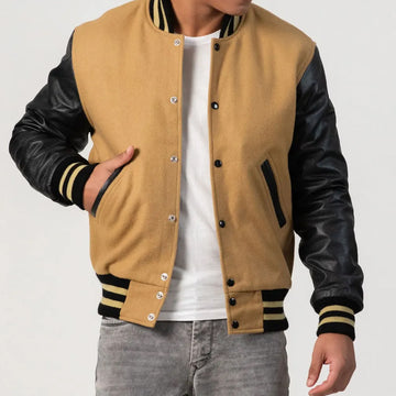 Camel Wool Varsity Jacket with Black Leather Sleeves