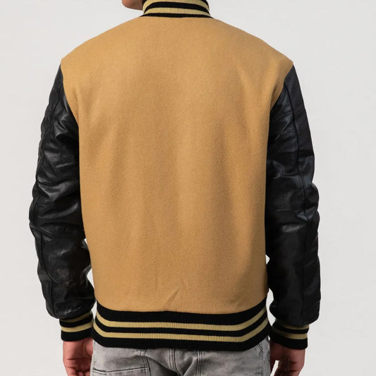 Camel Wool Varsity Jacket with Black Leather Sleeves