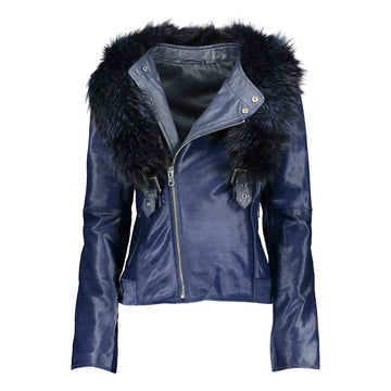 Women's Tara Calf Faux Shearling Blue Fur Leather Jacket