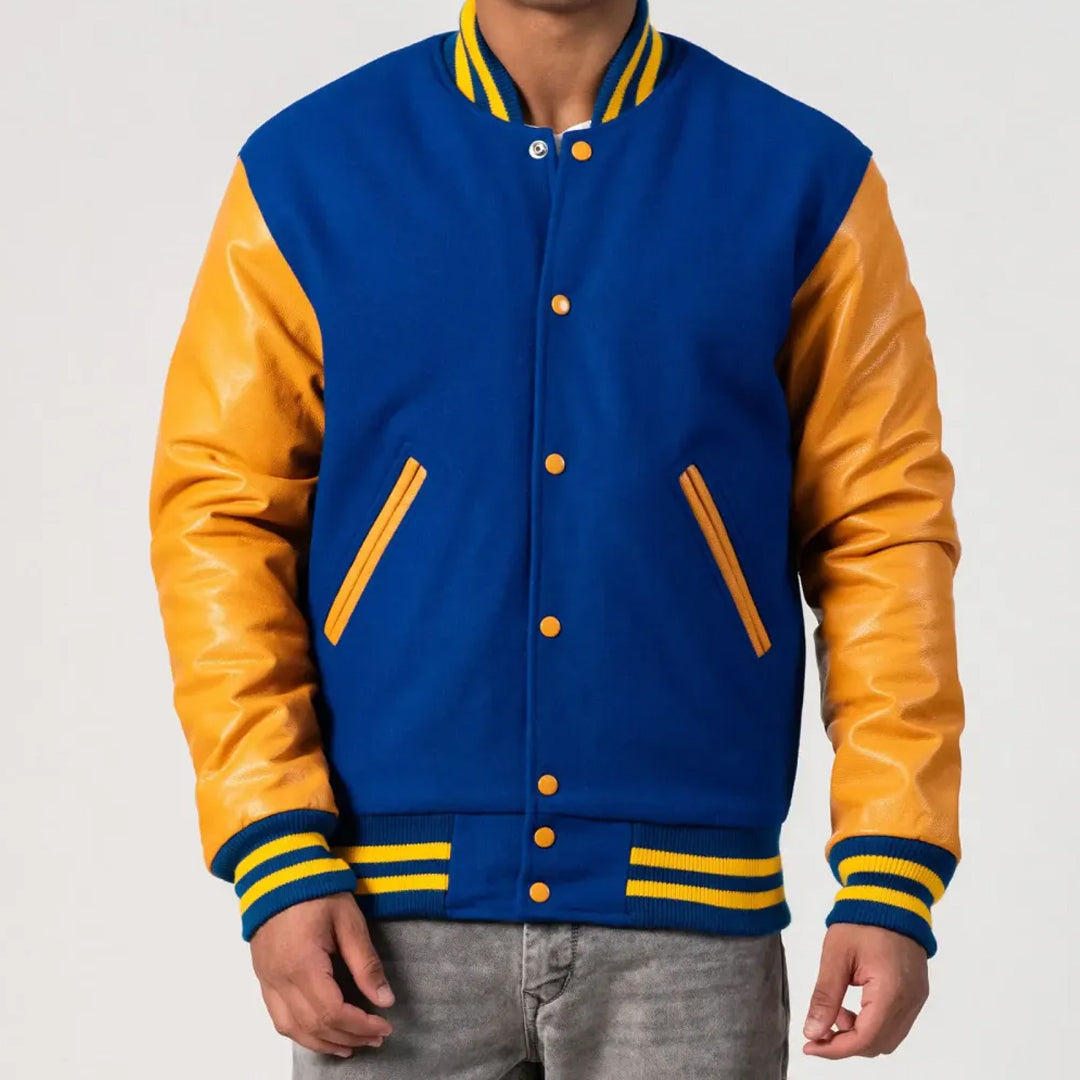 Bright Royal Body Varsity Jacket with Bright Gold Leather Sleeves