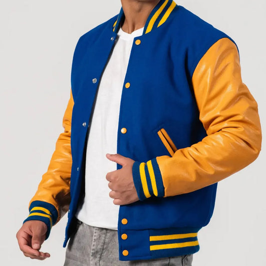 Bright Royal Body Varsity Jacket with Bright Gold Leather Sleeves