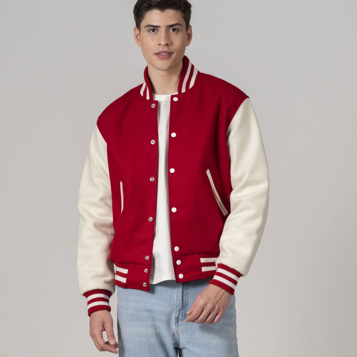 Scarlet Red & White Customizable All-Wool Varsity Jacket