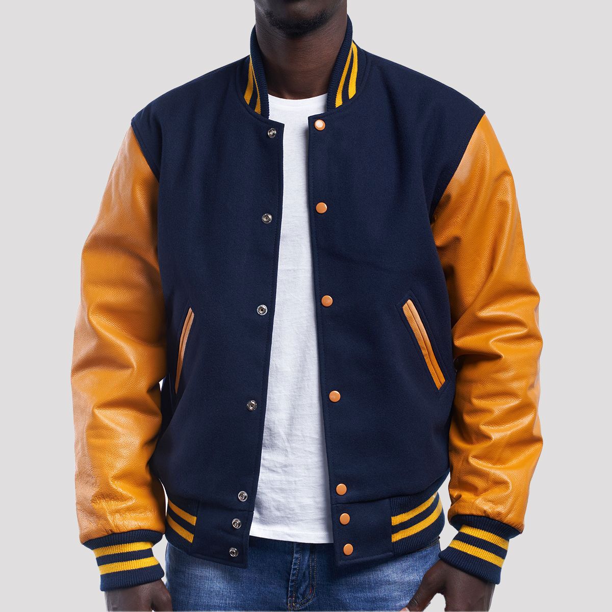 Royal Wool Varsity Jacket with Bright Gold Leather Sleeves