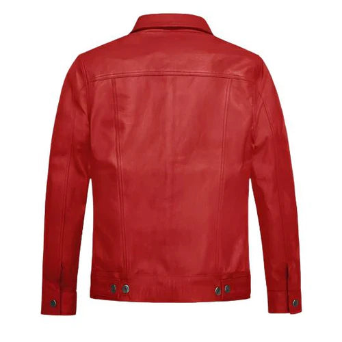 Men's Red Faux Trucker Leather Jacket