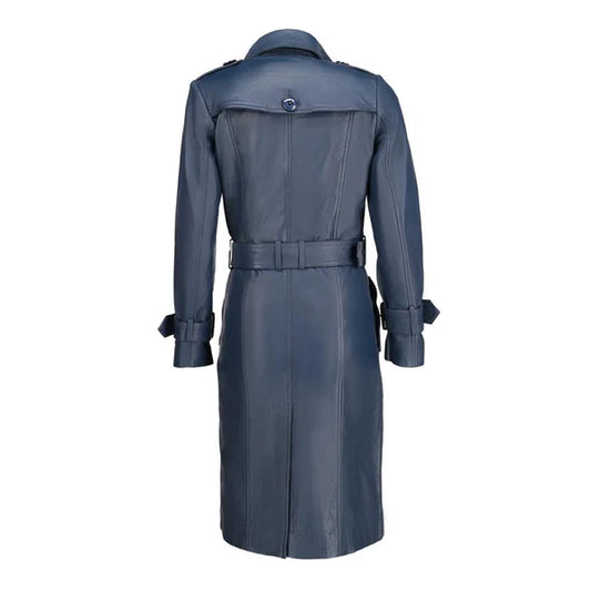 Women's Blue Double-Breasted Classic Leather Trench Coat-Women Leather Coat-Premium Leather Store