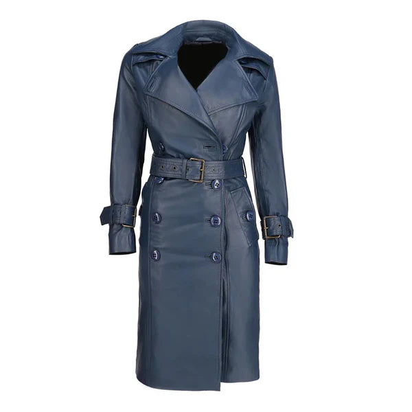 Women's Blue Double-Breasted Classic Leather Trench Coat