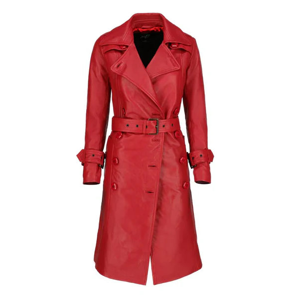 Women's Red Double-Breasted Stylish Leather Trench Coat