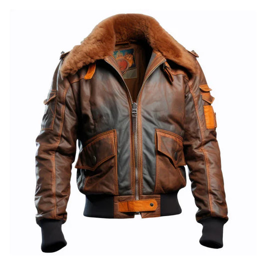 Men's Brown Flight Faux Shearling Lapel Bomber Leather Jacket-Men Shearling Jacket-Premium Leather Store