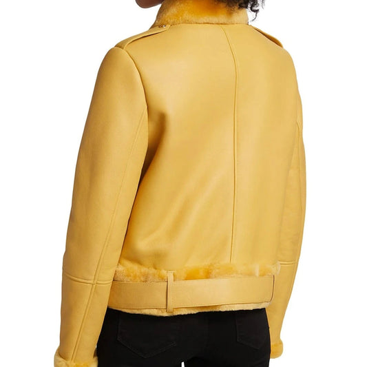 Women's Yellow Faux Shearling Leather Jacket