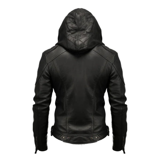 Men's Hooded Black Biker Leather Jacket-Men's Biker Jackets-Premium Leather Store