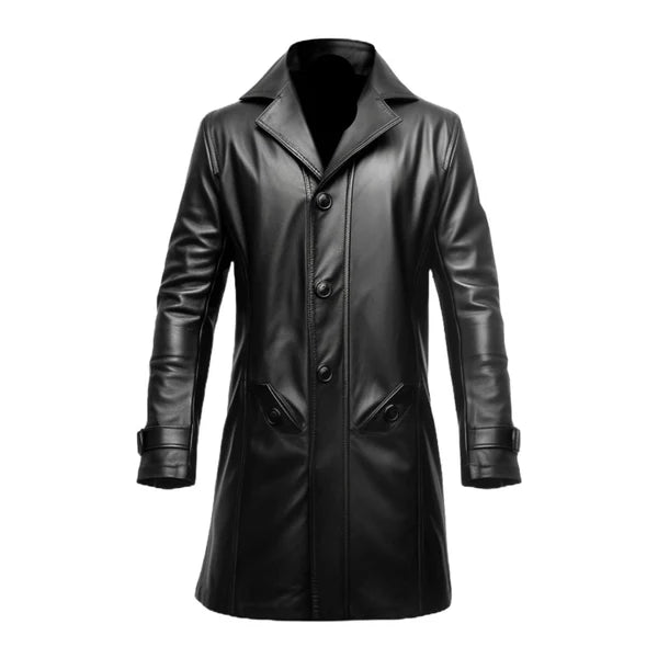 Premium Leather Store · Products · Black Button Closure Long Genuine Leather Coat