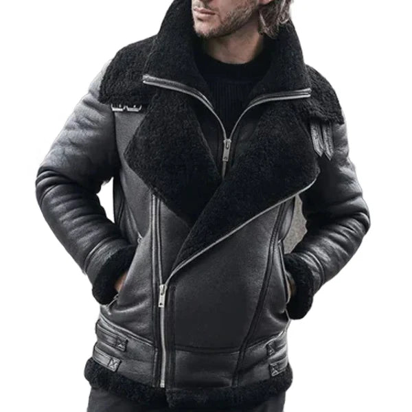 Men's Black B3 Classic Faux Shearling Bomber Leather Jacket-Men Shearling Jacket-Premium Leather Store