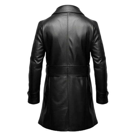 Black Button Closure Long Genuine Leather Coat