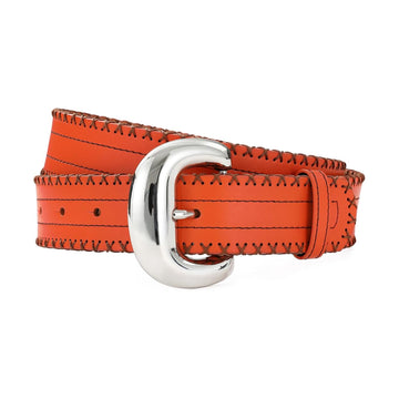 Orange Genuine Leather Belt with Silver Buckle