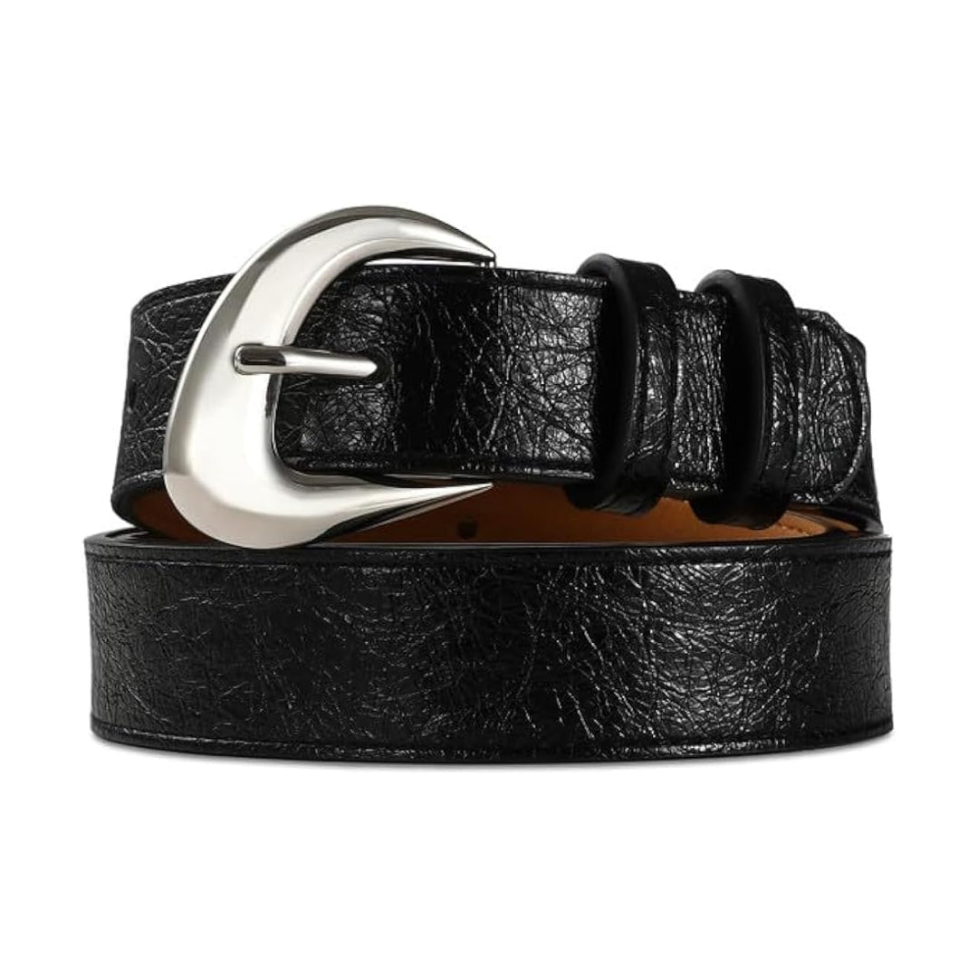 Black Faux Leather Belt with Silver Buckle