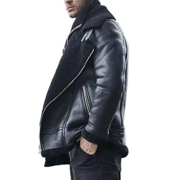 Men's Black B3 Classic Faux Shearling Bomber Leather Jacket-Men Shearling Jacket-Premium Leather Store