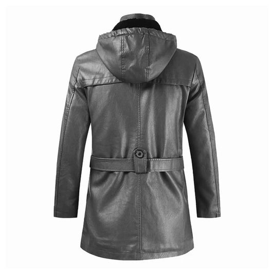 Black Fashionable Hooded Long Leather Motorcycle Coat-Men Leather Coat-Premium Leather Store