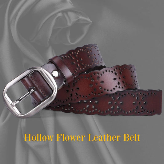 Leather Belt Hollow Flower Wide Belt-Women Leather Belts-Premium Leather Store