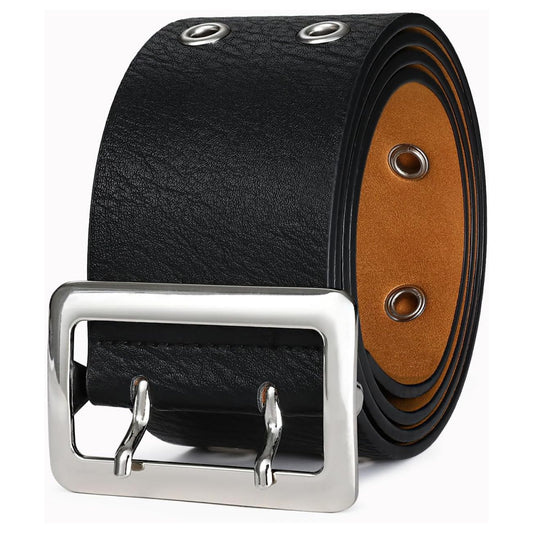 Black Belt Silver Buckle & Metal Ring Accents