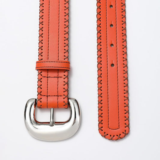 Orange Genuine Leather Belt with Silver Buckle-Women Leather Belts-Premium Leather Store